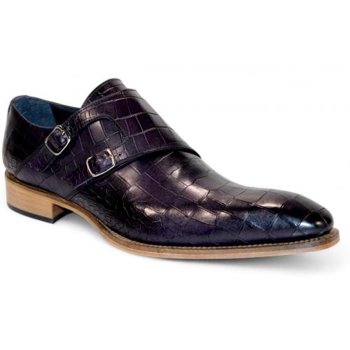 Duca Di Matiste "Vergato" Purple Genuine Italian Calf Leather Crocodile Print Monk Strap Dress Shoes.